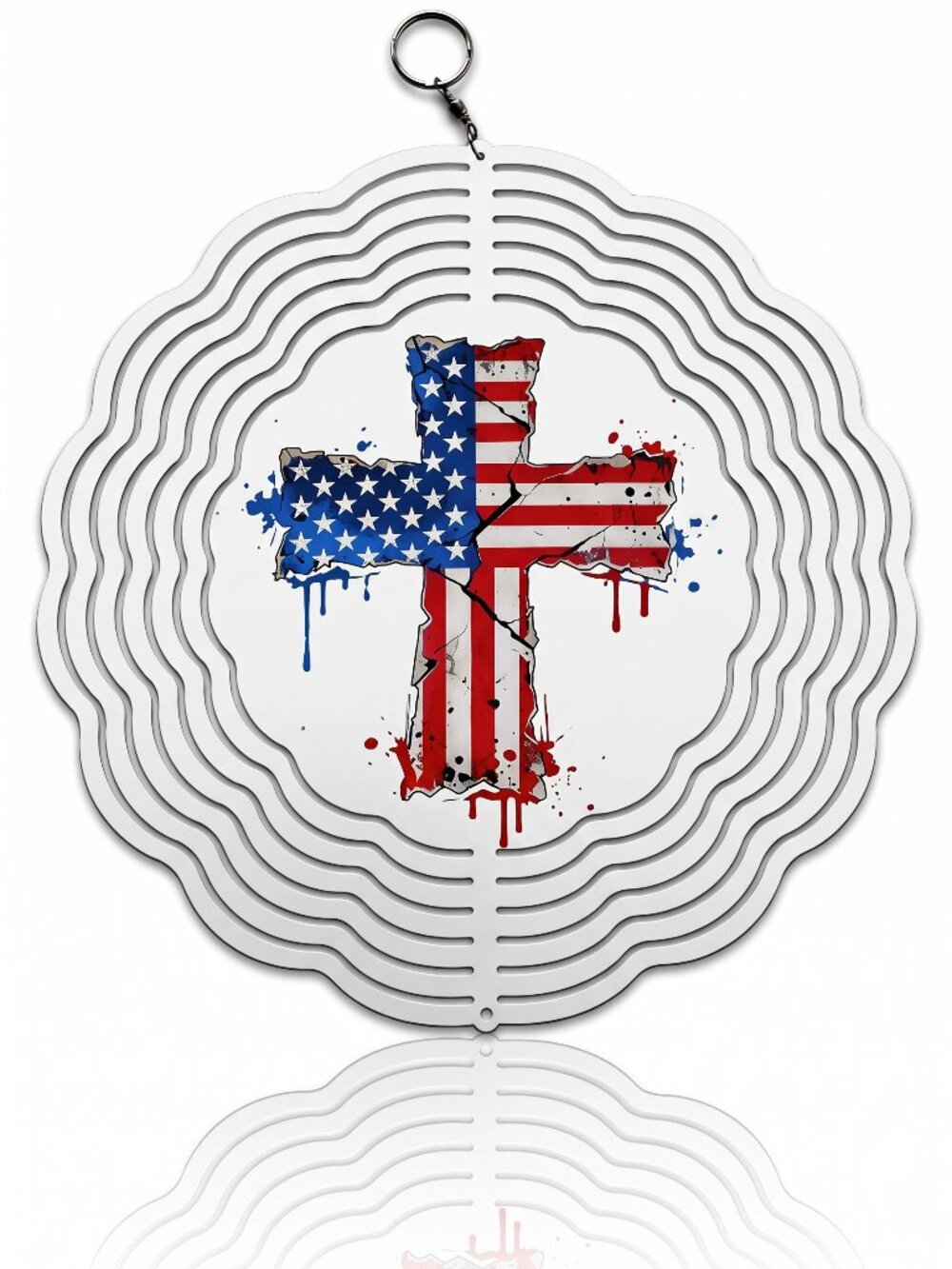 10" American Flag Cross 3D Kinetic Wind Spinner - White Metal Hanging Yard Decor
